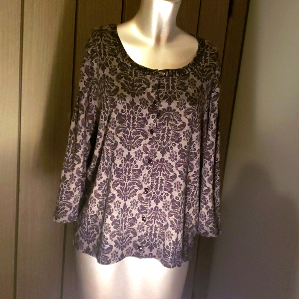 Rafaella Vintage Lady's Sweater With Beaded Neckline Color:Black Floral Material